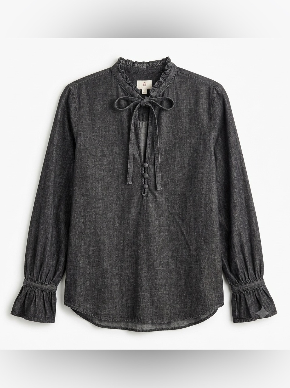 AG Adriano Goldschmied Boho Prairie Chambray Tie-Neck Blouse Sz L